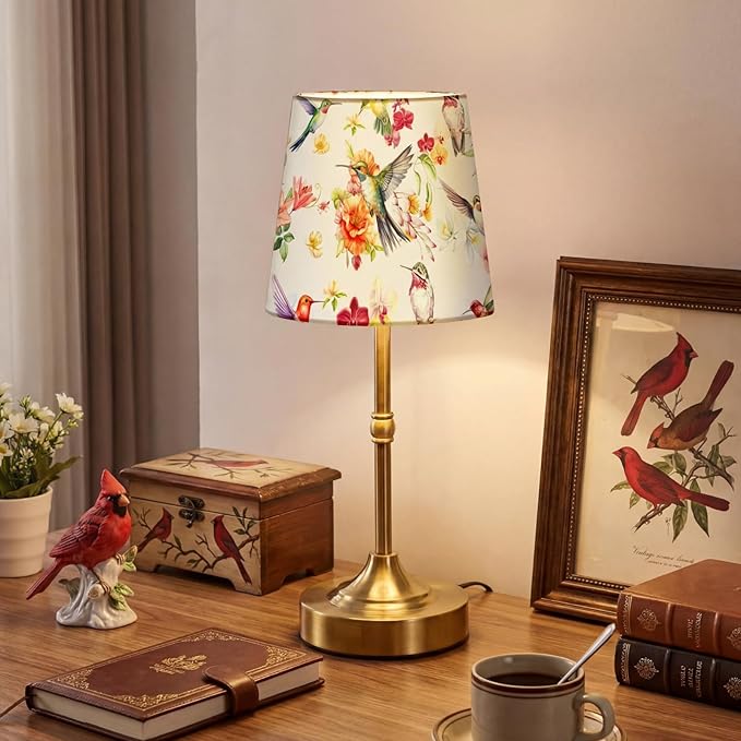 Cordless Table Lamp for Bedroom Bedside Bird Floral Linen Lampshade with Rechargeable Table Lamp Hummingbird Flower Desk Light for Farmhouse Boho Vintage Nightstand Living Room Home Decor