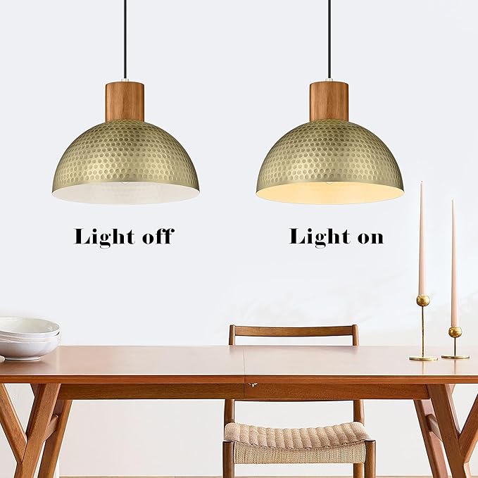 ELYONA 2 Pack Hammered Pendant Lights 12” Vintage Metal & Wood Dome Hanging Lamp Antique Gold Industrial Kitchen Pendant Light Fixtures for Island, Farmhouse, Dining Room, Sink, Hallway, Brushed Brass