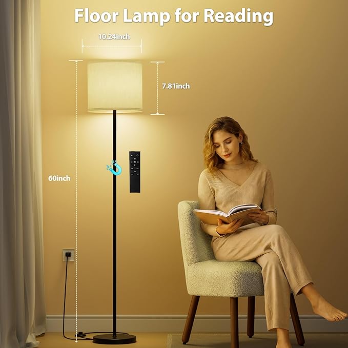 Keepsmile Dimmable Floor Lamps for LivingRoom with 12W LED Bulb, Foot Switch, Remote Custom Color Temperature Floor Light, Linen Shade Standing Lamps, Modern Tall Lamp for Office Bedroom Kid Room