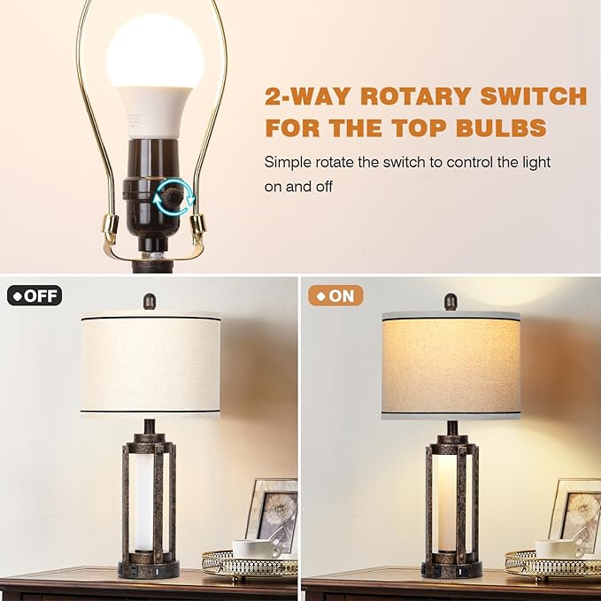 Farmhouse Lamps with USB A+C Charging Ports & AC Outlet, Rustic Vintage Industrial Table Lamps Metal Lamp with Glass LED Night Light & Beige Fabric Shade for Living Room Bedrooms Nightstand Bronze