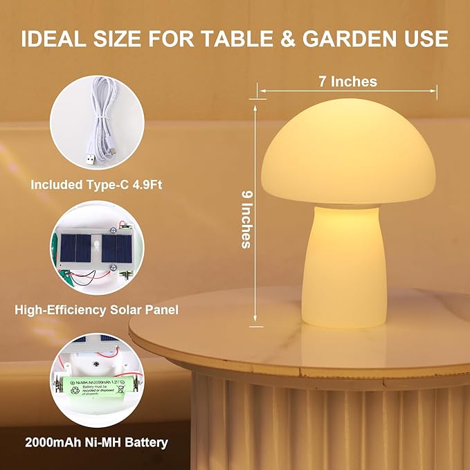 Solar Table Lamp Outdoor Waterproof, Mushroom Solar Lamp with USB & Solar Charging, 2000mAh Rechargeable IP65 Patio Garden Decor Light for Indoor Outdoor, Bedside Lamp, Housewarming Gift