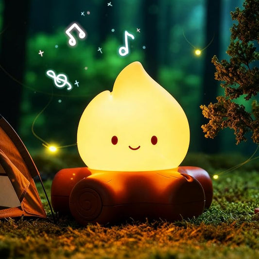 Campfire Night Light, 5 White Noise Mode, Cute Bonfire Gifts, Silicone Night Light with Candle Mode, Rechargeable Bedroom Decor, Gift for Children, Teens, Adults, Halloween, Christmas & Birthdays