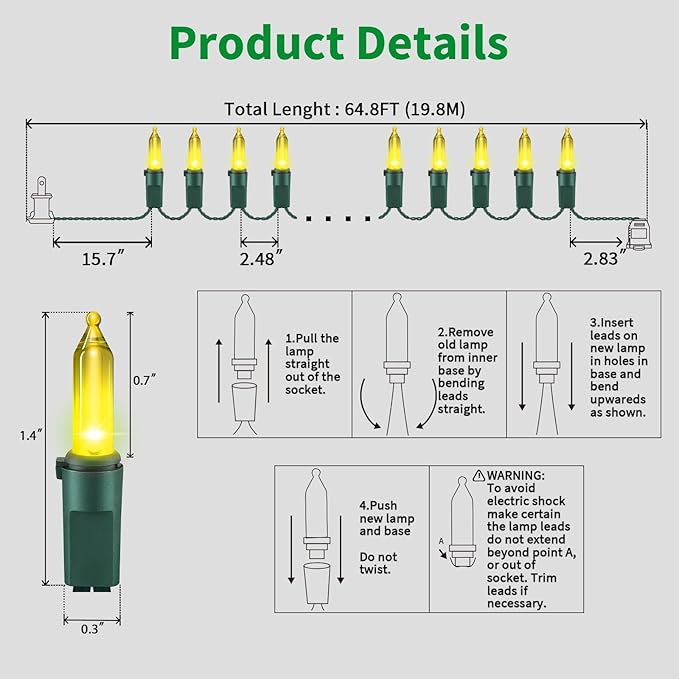 LAMPHOME100 LED Easter Yellow String Lights - 21.6FT LED Christmas Lights, Mini led Lights for Outdoor Home Holiday Party Wedding Independence Day Easter Decoration