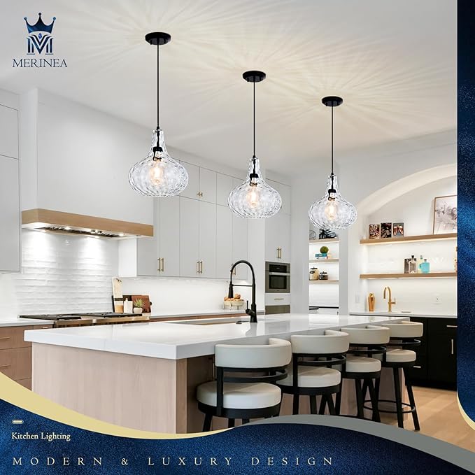 11" Blown Hammered Glass Pendant Light – Matte Black Ceiling Light for Kitchen Island, Dining Room, Hallway – E26 Base Hanging Fixture