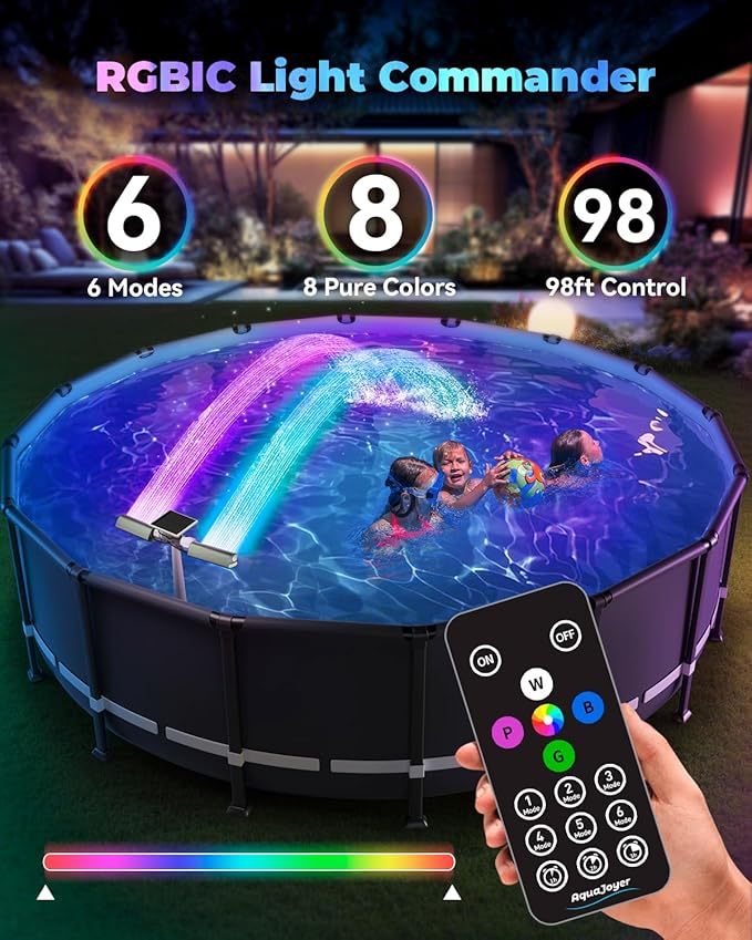 Solar Pool Fountain with 8-Color 6-Mode RGBIC LED Lights, Above/Inground Solar Lights with Remote, 360°Adjustable Dual Spray Waterfall Sprinkler Fountain for Relaxation & Cooling 10-20°F