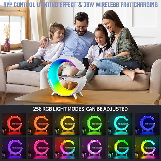 Smart LED Bedside Table Lamp with Bluetooth Speaker & App Control | 15W Wireless Charging Dock | Sunrise Alarm Clock, Night Light & Ambient Sound | Modern Bedroom Home Decor