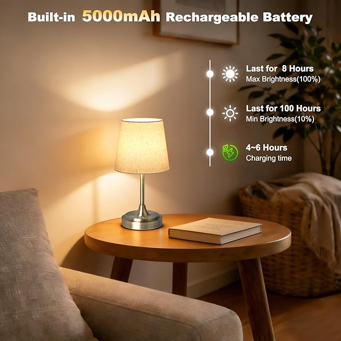 Small Cordless Table Lamp Rechargeable,5000mAh Battery Operated Desk Lamp,3 Colors & 7 RGB Stepless Dimmable,Touch Ambient Light for Bedside,Bedroom,Dining Room,Living Room,Bronze,FlaxenShade