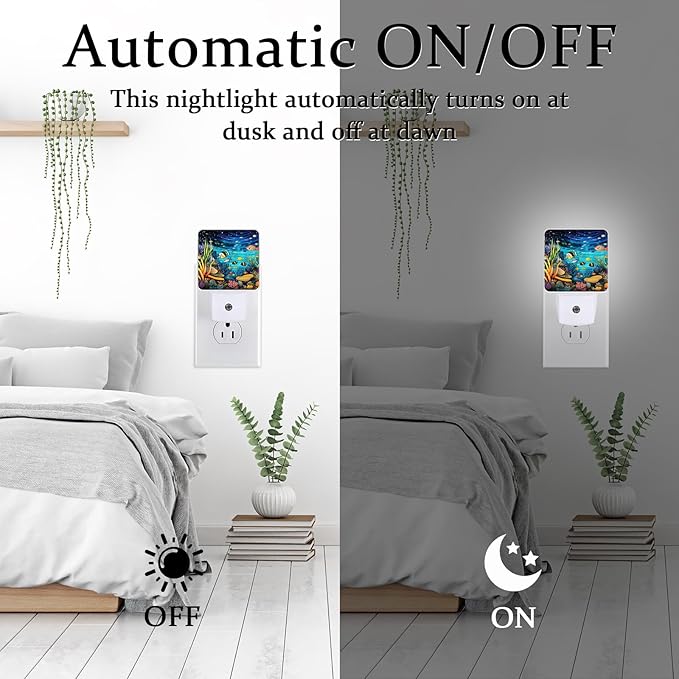 Underwater World Fish Night Light, Plug-into Wall Sea Ocean Animals Nightlight Lamp with Dusk to Dawn Sensor, Led Lamp 0.5W Energy Efficient for Boys Girls Adults Home Decor