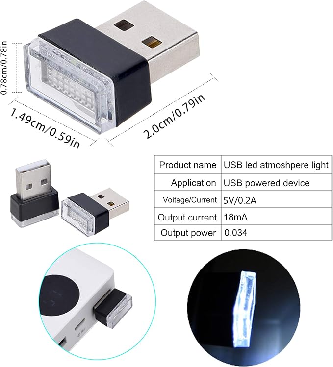 Febrytold 4Pcs White USB Car Interior Atmosphere Lamps, Universal Mini Led USB Lights for Car Decoration, Lighting