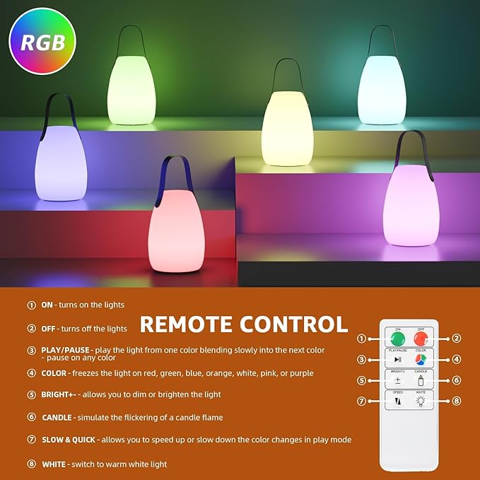 uuffoo Rechargeable Portable Table Lamp, Cordless RGB Lantern with Remote, Decorative LED Night Light, IP44 Waterproof Indoor Outdoor Lamp for Bedroom Patio Garden Wedding Party