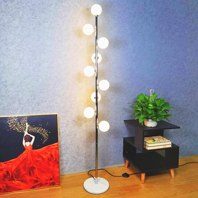 Hsyile Modern Creative Floor Lamp for Living Room,Bedroom,Office,Globe High Pole Standing Lamp, Tree Lamp Chrome Finish,9 Bulbs Included