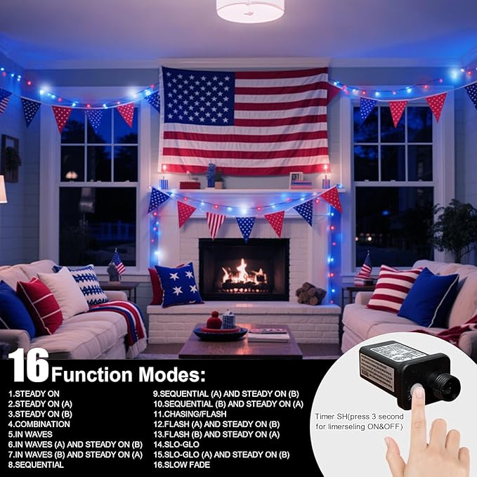 LAMPHOME Red White and Blue Patriotic String Lights, 33ft 100 LED Fairy Lights Plug in, 16 Modes Red White Blue 4th of July Lights Outdoor for Independence Day Memorial Day Patriotic Window Decor