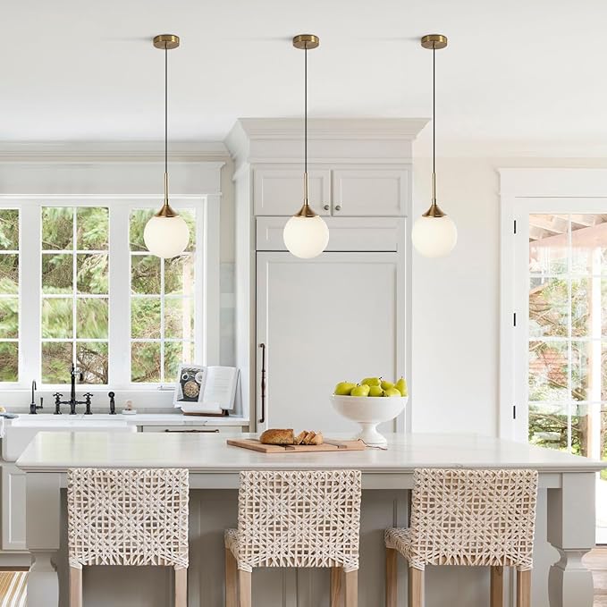 KCO Lighting Mid Century Modern Milk Glass Pendant Light Large White Globe Hanging Light Gold Ceiling Light Fixture 1 Light Pendant Lighting Brushed Brass Hanging Light Fixture