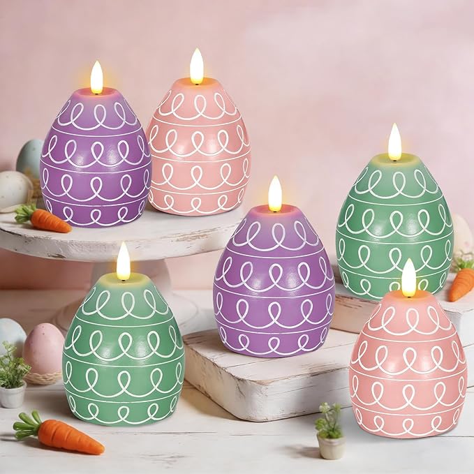 6PCS Easter Egg Flameless Candles,3 Color Scented Real Wax LED Candle,Egg Shape Flame Candle Set for Party Supplies Home Living Room Bedroom Party Decoration Centerpiece Easter Gifts Home Decor