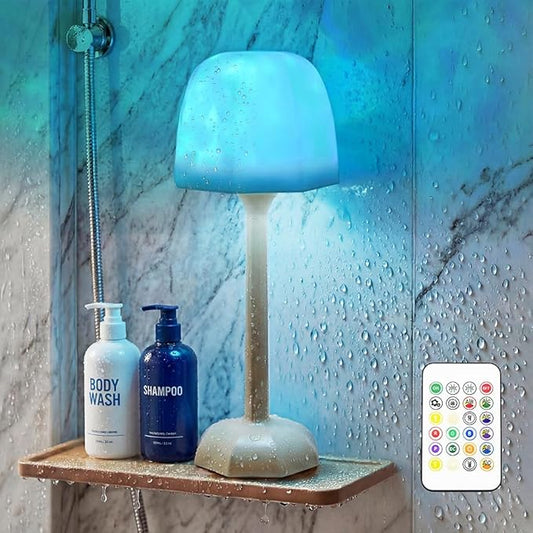 RICHMYC Waterproof Shower Lamp with Remote, 16 Colors Ocean Wave Projector Lamp for Bathroom, Cordless Rechargeable Night Light, Ambient Mood Lighting for Inside Shower, Bathtub, Spa