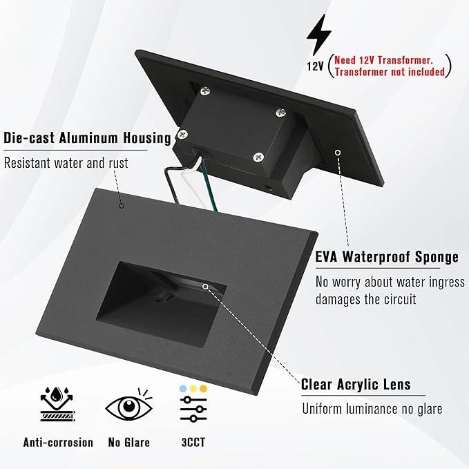 Step Lights Outdoor 12V Low Voltage 4W LED Stair Lights Indoor 3 Color Adjustable 3000K/4000K/5000K, 150LM IP66 Waterproof Black Light for Steps Horizontal, 3-Pack