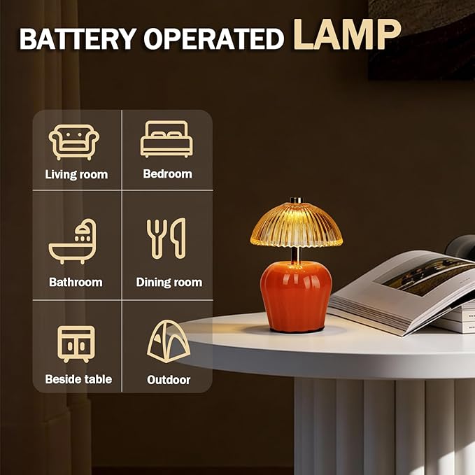 MJ PREMIER Small Cordless Lamp, Battery Operated Lamp with Timer, Mini Crystal Glass Mushroom Lampshade, Cute Small Table Lamps, Decorative Led Light for Bedroom Living Room Shelf (Orange)