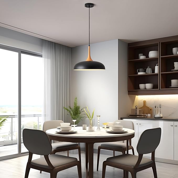 Oversize Black Pendant Lights Kitchen Island,Modern Pendant Light Fixtures,Farmhouse Adjustable Hanging Pendant Lighting Foyer Entryway Hallway Bedroom Dining Room Living Room,Faux-Wood,Large 15.75 in