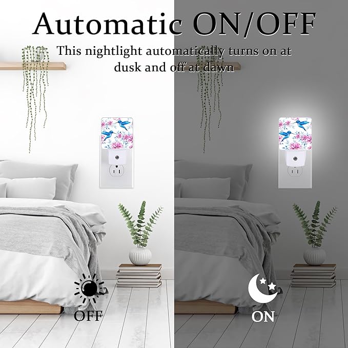 Vintage Blue Hummingbirds Night Light, Plug-into Wall Pink Spring Flower Nightlight Lamp with Dusk to Dawn Sensor, Led Lamp 0.5W Energy Efficient for Boys Girls Adults Home Decor