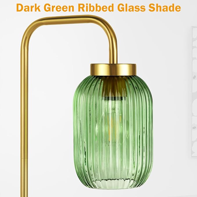 Mid Century Modern Gold Floor Lamp with Green Ribbed Glass Shade, Foot Switch, Vintage Standing Lamp for Bedroom, Living Room, Office (Bulb Not Included)