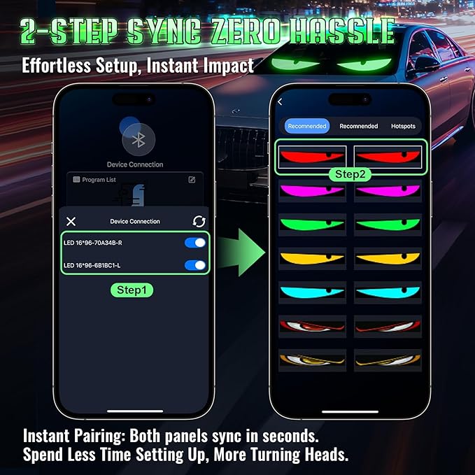 Sachie 2PC 5800 Lux High-Brightness Devil Eyes LED Light Strips for Cars/Trucks/SUVs - 23.6"x4.73" Customizable Windshield Decoration with App Control, IP68 Waterproof, USB-Powered