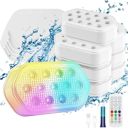 Rechargeable Submersible LED Lights, Pool Lights for Inground Pool, 16 Colors Magnetic IP68 Waterproof Underwater Light, Chase Mode Floating Lights with Rechargeable Remote (8 Pack)