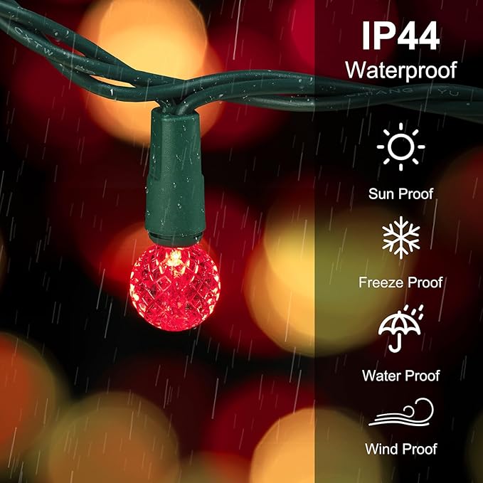 BOHON Christmas Lights Outdoor Faceted G15 50 LED 17ft Plug in Mini Globe String Lights Waterproof Extendable Green Wire for Indoor Patio Xmas Thanksgiving Tree Decoration Red and Warm White