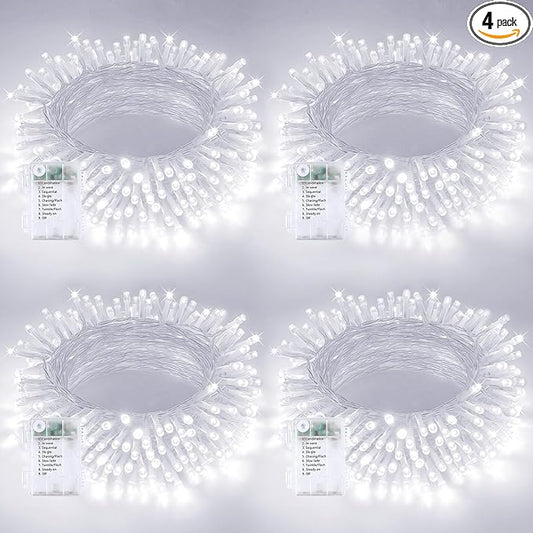 4 Pack Christmas String Lights Battery Operated with Timer, 66FT 200 LED Waterproof Twinkle Lights, 8 Modes Fairy Light for Indoor and Outdoor Bedroom Garland Tree Christmas Decorations (Cool White)