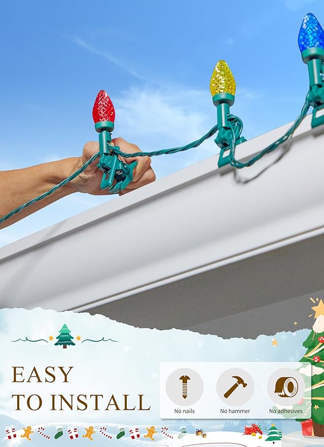 C9 LED Christmas Lights Outdoor, 99 Feet 150 LED C9 String Lights with 150 Spring Clips, Waterproof Connectable Christmas Tree Lights for Outside Roofline Patio Home Xmas Decor, Multicolor