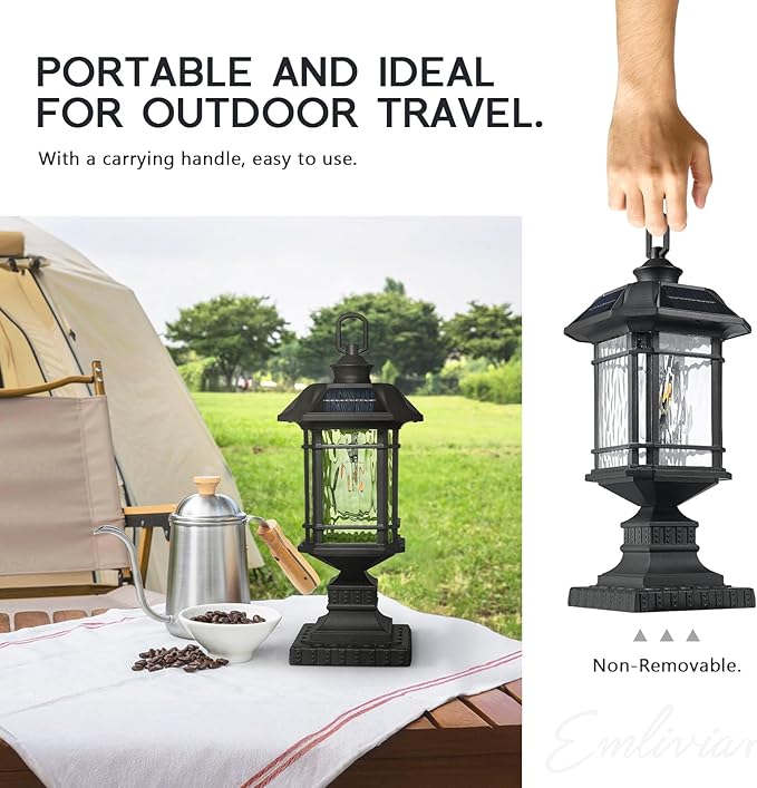 Emliviar Integral Solar Lamp Post with Fixed Pire Mount Base, Matte Black LED Fence Deck Pilllar Lighting for Patio, Portable Outside Solar Panels Lamp with Water Grain Glass, 2084P-ML SL BK