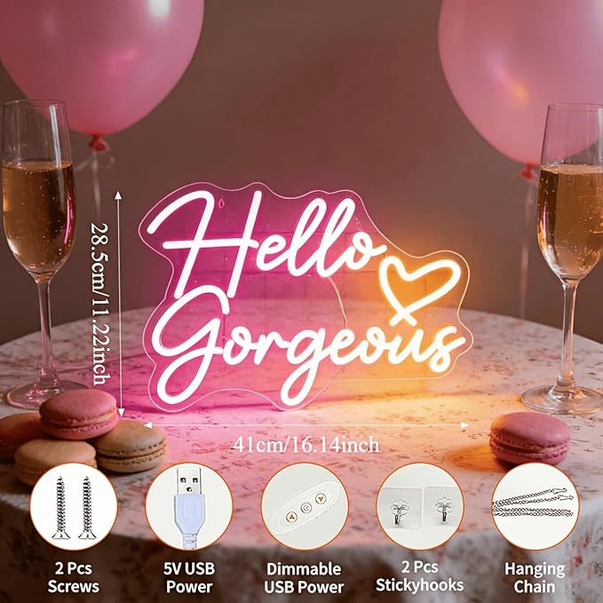 Hello Gorgeous Neon Light for Wall Decor, Pink USB Powered LED Sign with Dimmable Switch, Neon Sign for Home, Wedding, Birthday Backdrop, Party (Pink)