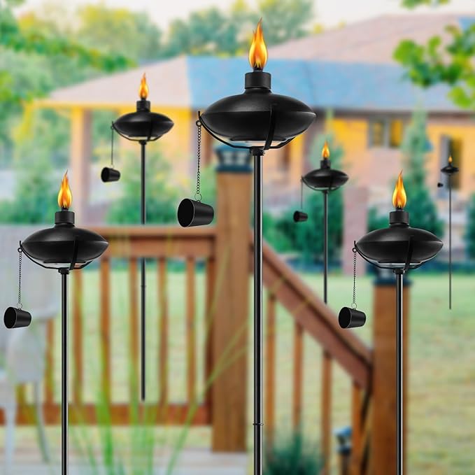 6 Pack Home Garden Torch, Outdoor Metal Torch Garden Décor,55-Inch Upgraded Citronella Torches with 3-Prong Grounded Stake, Metal Light Torches for Party Patio Pathway (More Stable)