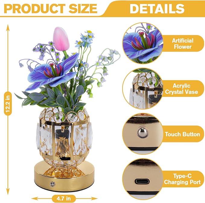 Flower Table Lamp, 3-Color Dimmable Tulip Artificial Flowers Night Light, Rechargeable Cordless Small Lamp, Ambient Light with Crystal Vase for Party Home Desk Decorations (Purple Blue - Flower)