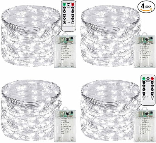 4 Pack Fairy Lights Battery Operated with Remote Control Timer, 26 FT 80 LED String Lights Outdoor Indoor, 8 Mode Twinkle Lights for Christmas Party Wedding Birthday Bedroom Décor (Cool White)
