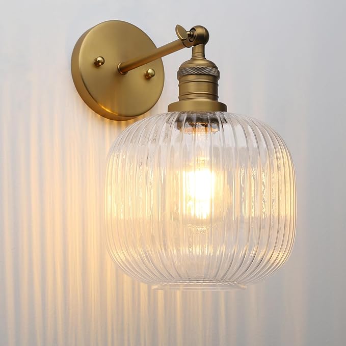 Pathson Modern Wall Sconce Lamp Clear Striped Round Glass, Hardwired Vintage Wall Vanity Light Fixture for Farmhouse Living Room Bedroom Bathroom Loft