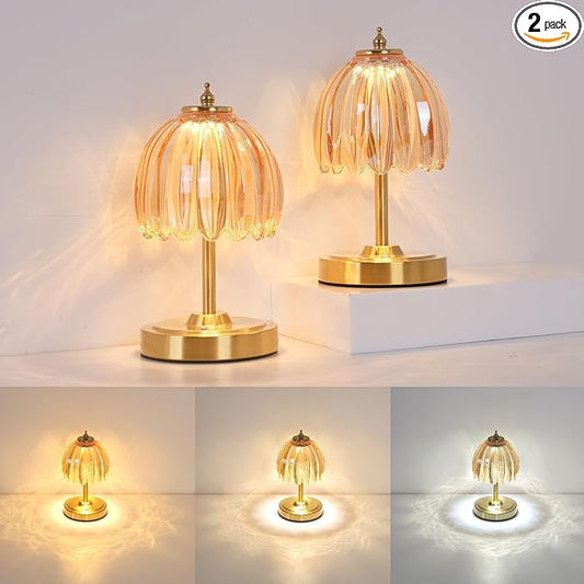 Set of 2 Tulip Table Lamp with 5200mAh Battery & Touch Control, Cordless Small Table Lamp with 3 Colors, Rechargeable Battery Operated Table Lamps for Nightstand, Bedroom (Amber Tulip)