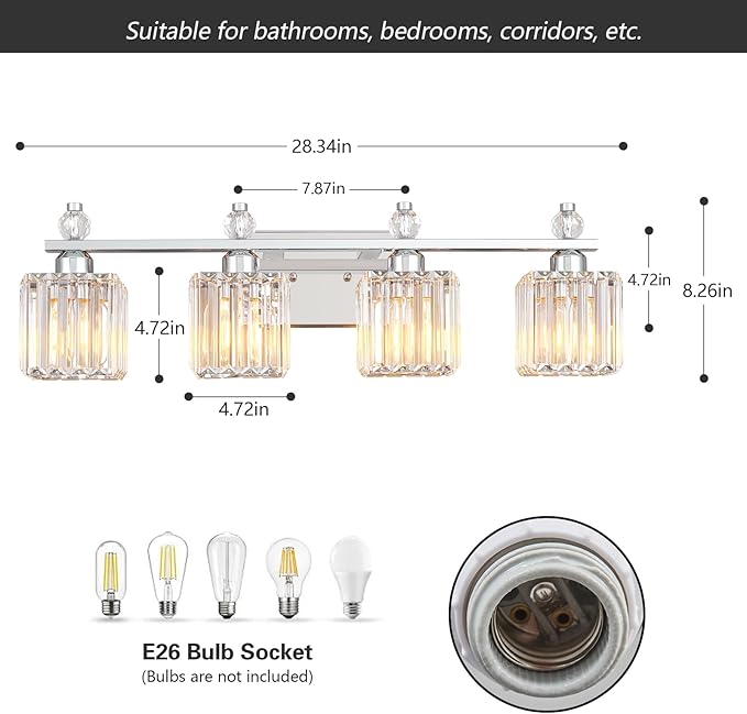 Vanity Lights 4-Light Modern Crystal Vanity Light Chrome Bathroom Light Fixtures Over Mirror Crystal Bathroom Vanity Lighting Fixtures