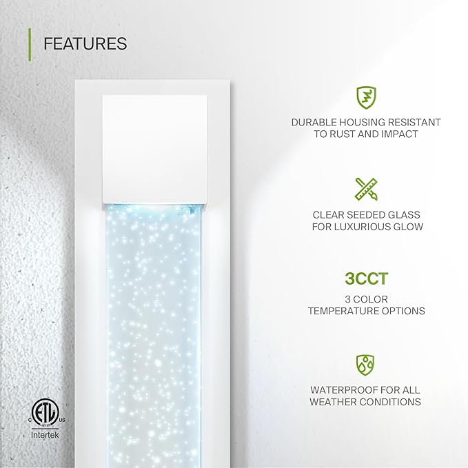 ASD LED 18 Inch Bubble Glass Wall Light Fixture | 12W 500LM 3000K-5000K 120V | 3CCT, Waterproof, Dimmable, ETL Listed | Exterior Flush Mount Sconce, Outdoor-Indoor Lighting | White