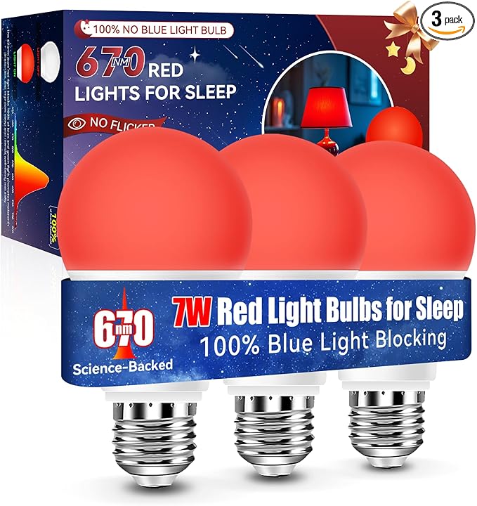 Neporal 7W 670nm Red Light Bulbs for Sleep - 100% Blue Light Blocking Bulbs for Melatonin Promote, A19 50W Equivalent Dim LED Red Light Bulb for Lamps, Bedroom Sleeping, Reading, Baby Nursery, 3-Pack