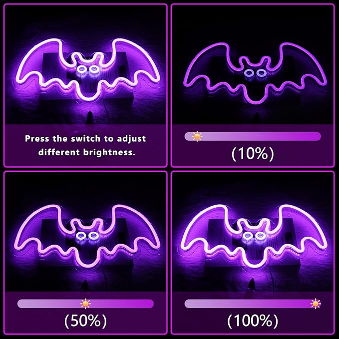 Halloween Neon Sign - Purple Bat LED Neon Sign with Dimmer 15.7x9.4 Inch, USB Powered Halloween Vampire Neon Lights for Wall Decor, Bedroom, Party, Room, Holiday, Kids Gift
