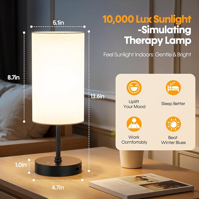 NIORSUN Light Therapy Lamp,10000 Lux Sun Lamp with Remote,3 Color Temperatures & Stepless Dimming,Happy Sunlight Lamp with USB C & A Ports,UV-Free Full Spectrum Light for Home, Office