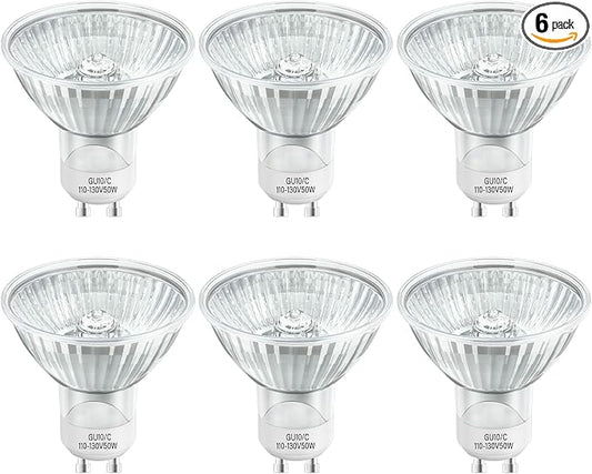 GU10 Halogen Bulb 120V 50w Halogen Light Bulbs, MR16 GU10+C with Glass Cover for Track & Recessed Lighting, Range Hood Light, Candle Warmer Lamp, 2700K Warm White, Dimmable, Pack of 6