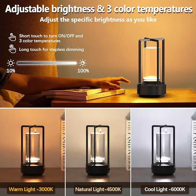 Small Cordless Table Lamps Rechargeable Set of 2 for Indoor/Outdoor, Portable Battery Operated Powered Lamps, Dimmable 3 Color Modes Waterproof, LED Desk Lights for Bedroom/Restaurant/Camping-Black