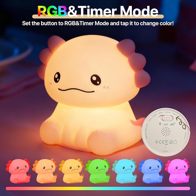 Cute Axolotl Night Light for Kids Rechargeable, Battery Operated Nightlight 3 Level Dimmable with RGB&Timer, Silicone Touch Nursery Lamp for Baby Girls Boys Bedroom Gifts
