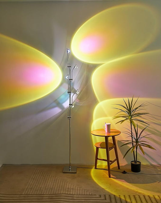 NKU Sunset Floor Lamp Projector 5 Head Multi Head Floor Light with Replaceable Filters Ambient Mood Lighting for Bedroom, Living Room 72in Chrome Unique Modern Colorful Sunset Lamp with Halo Effect