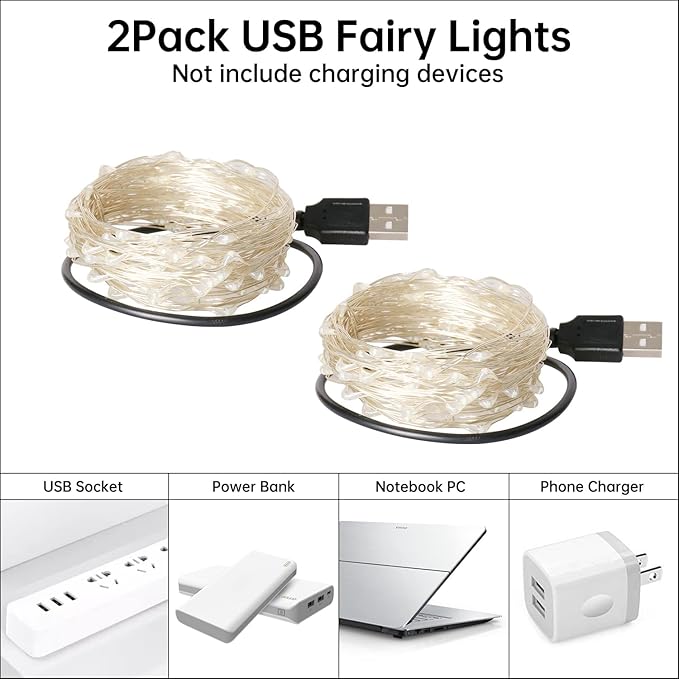 Blingstar USB Powered Fairy Lights, 2 Pack 33Ft 100 LED, Flexible Silver Wire, Mini String Lights for Christmas Tree/Bedroom/Camping/Dorm Indoor Decoration, Cool White