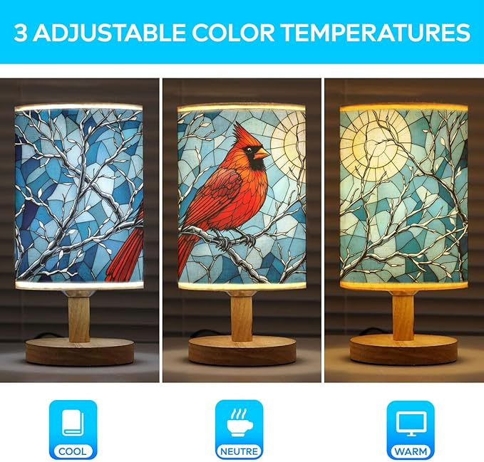 Cardinal Table Lamp LED 3-Color Pressed Bedside, Cardinal Shade Lamp with Wood Base for Bedroom Living Room Desk Office TL01