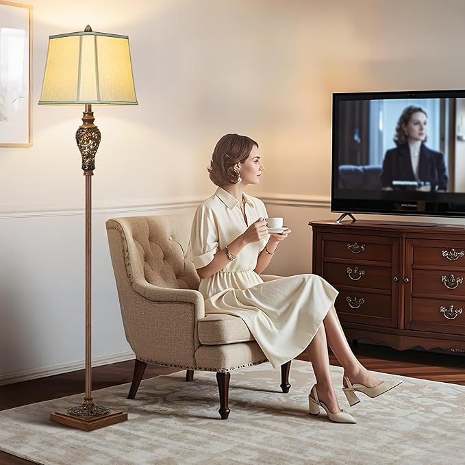 Vintage Floor Lamp with Nightlight, 65" Rustic Standing Lamp with Beige Faux Silk Shade, Farmhouse Style Design Tall Lamp Decor for Living Room Bedroom Study Home Office Corner- Bronze (Bulb Included)