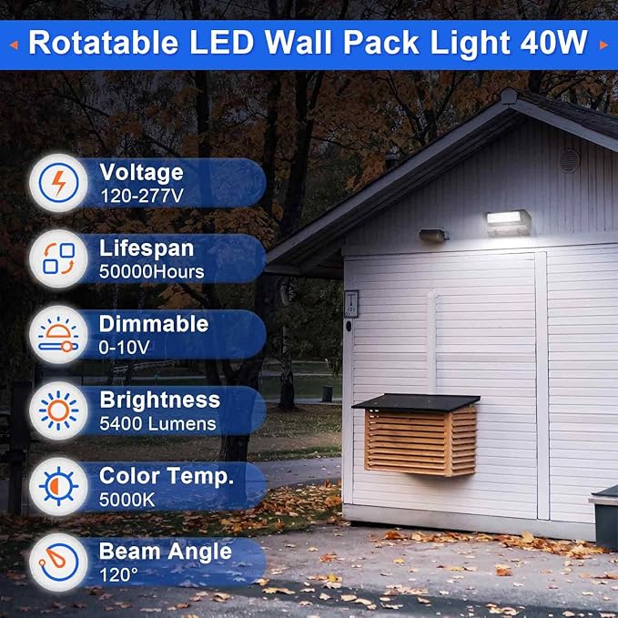 LED Wall Pack Light 40W Rotatable Adjustable 5400LM 5000K, Dimmable Outdoor Area Wall Pack Flood Lighting Fixture - Great for Warehouse Entrance Parking, IP65 Waterproof, UL&DLC Listed