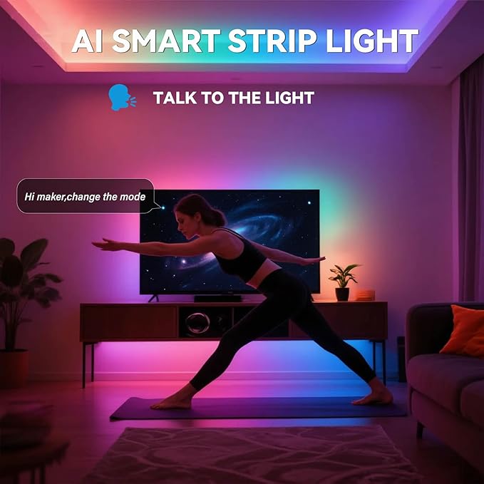 AI Voice Activated Led Lights Strip, Indoor Kids Bedroom Night Lighting RGB IC, Multiple Dimmable Color Changing Smart Lights, No App/No WiFi Required, Strong Adhesive Music Sync 16.4ft USB Powered